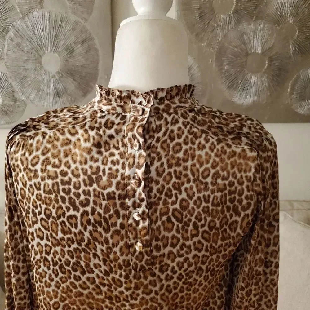🌹 J. CREW 🌹 Ruffleneck Drapey Leopard Print Satin Blouse - [Size XS]